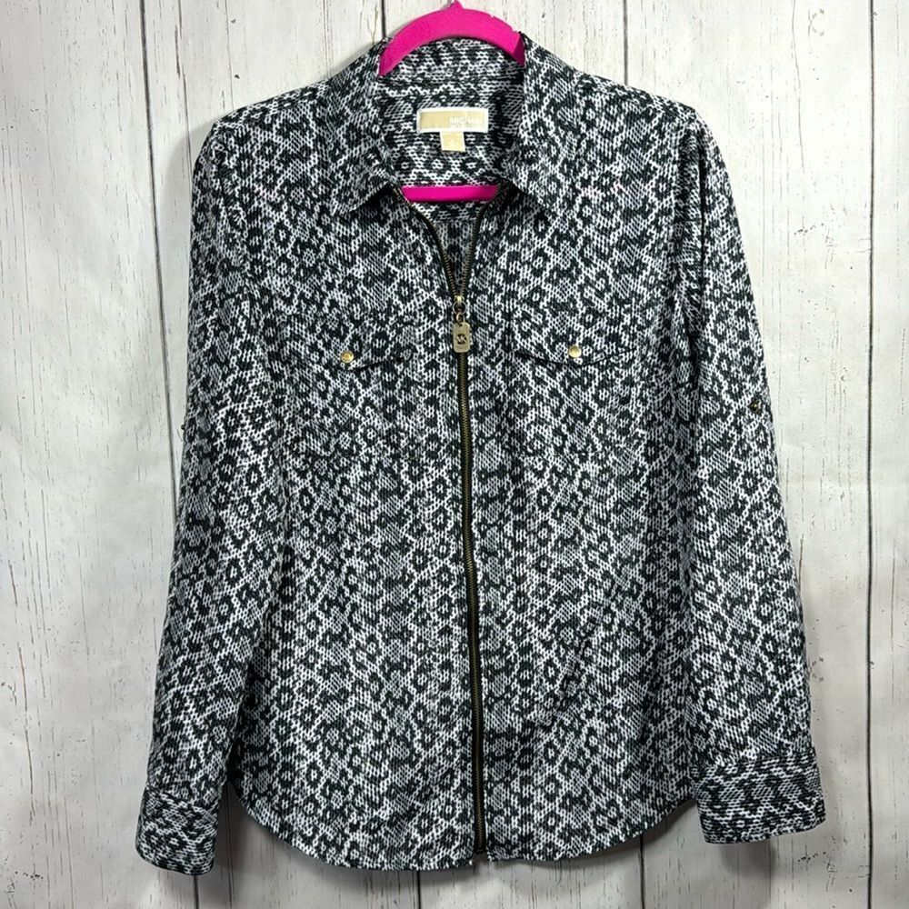 Michael Kors Snakeskin Print Zip Front Blouse Black White Gold Hardware Modern